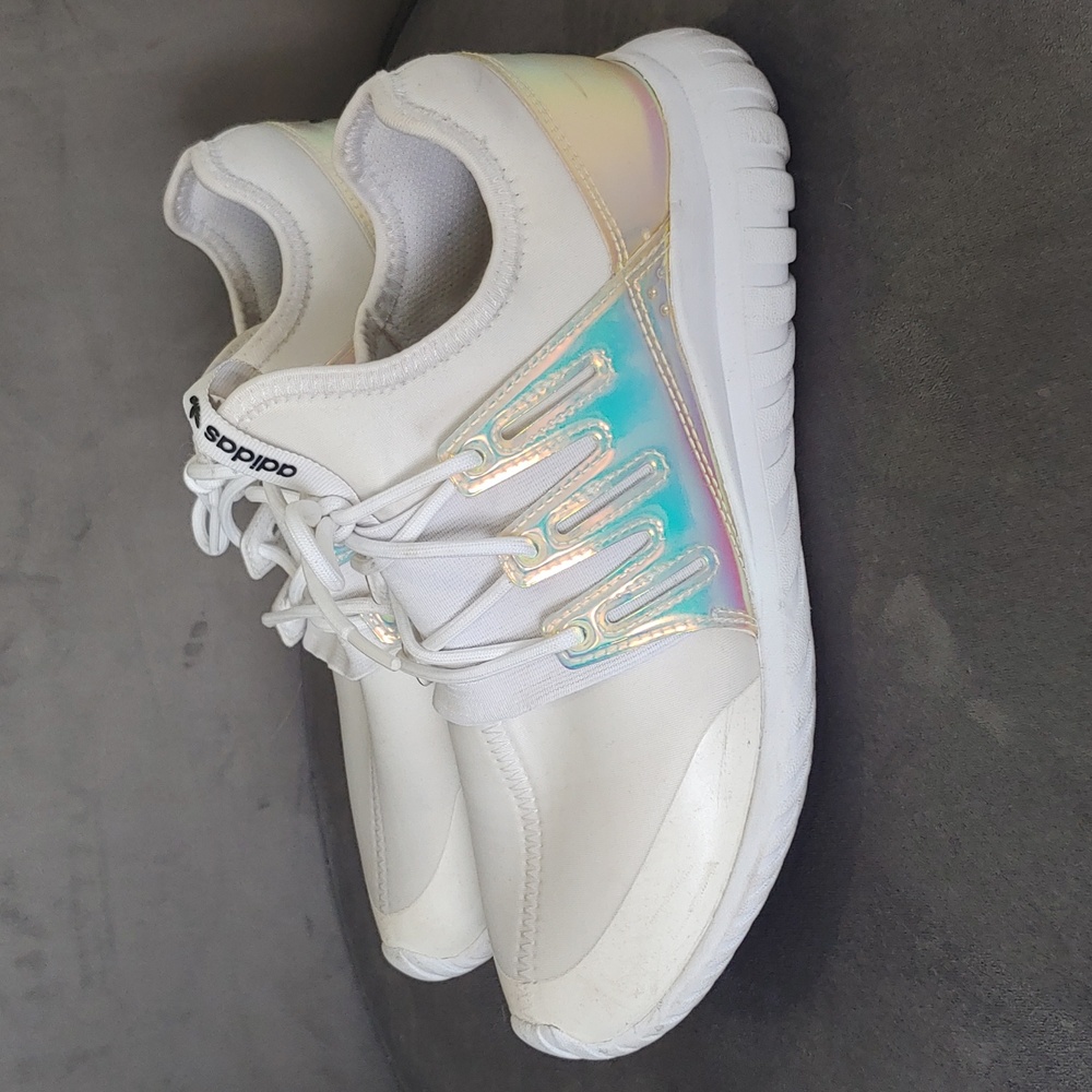 Adidas tubular neoprene and iridescent sneakers